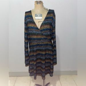 Bell sleeved v neck ribbed knit stripe mini dress